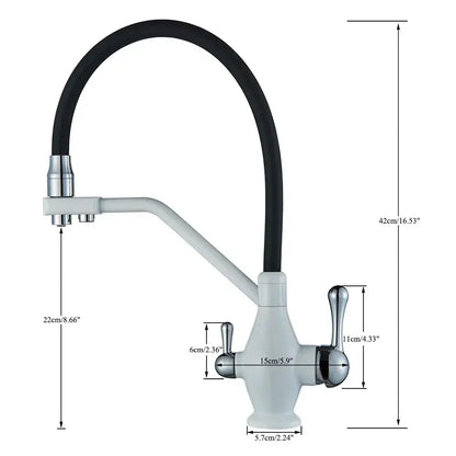 Modern gun gray kitchen faucet with dual handles features a sleek chrome finish and black flexible hose by decorbites gun gray
