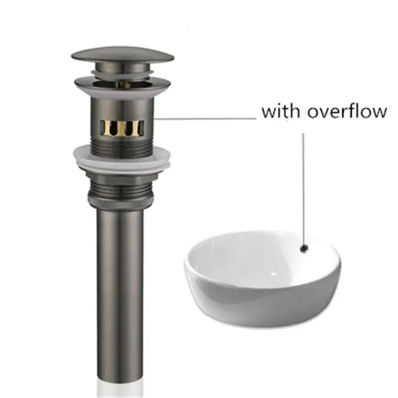 Matte black metal sink drain with overflow feature paired with gun gray basin faucet for modern bathroom decorbites design