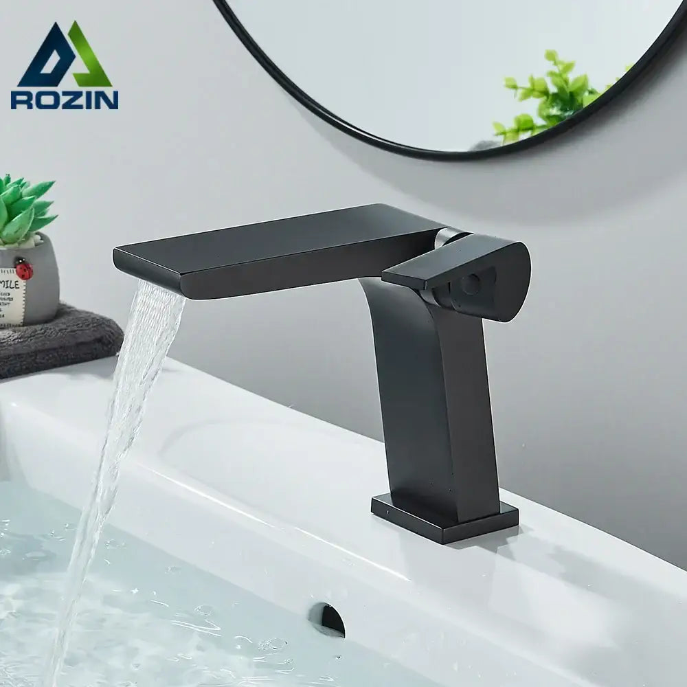 Modern gun grey basin faucet with black matte finish and sleek rectangular spout for decorbites gun grey basin use