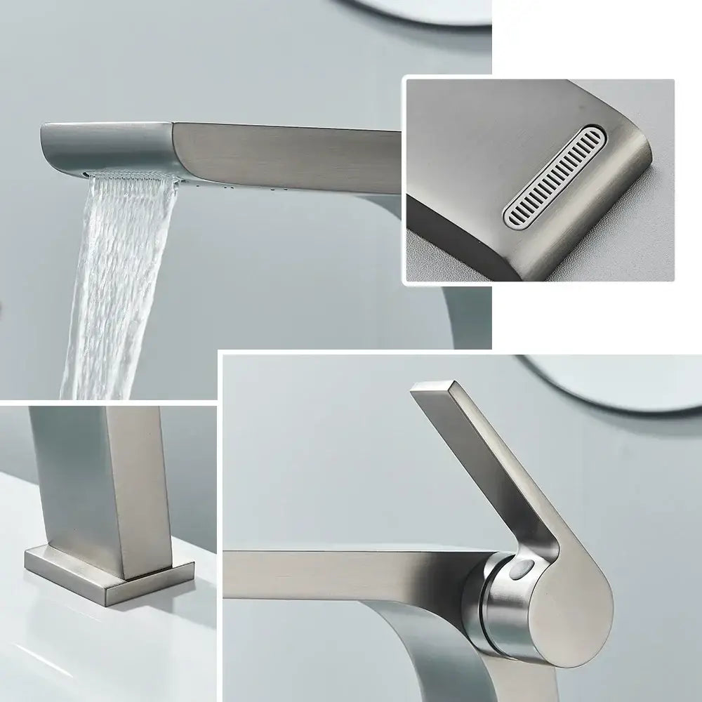 Modern decorbites gun grey basin faucet with brushed nickel waterfall spout and sleek angular rectangular design