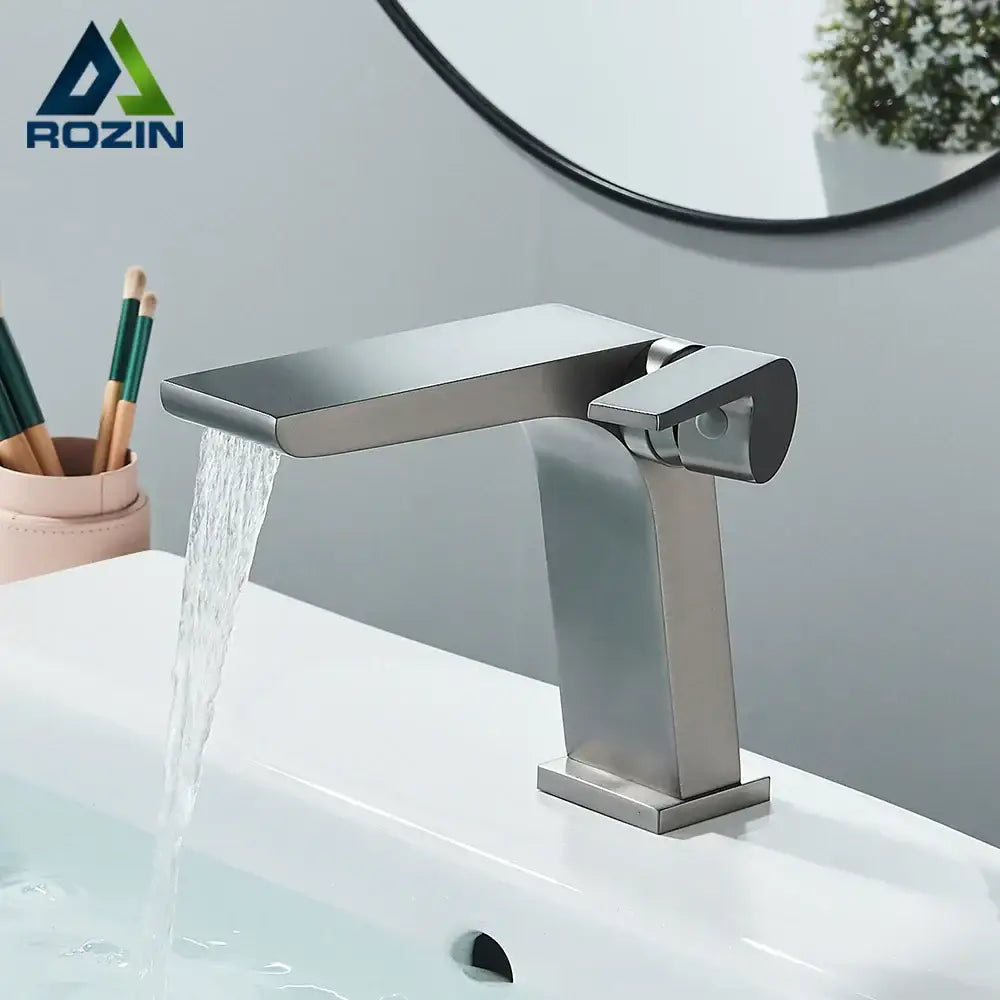 Modern gun grey basin faucet in brushed nickel with a sleek rectangular spout for bathroom sink decorbites gun grey basin