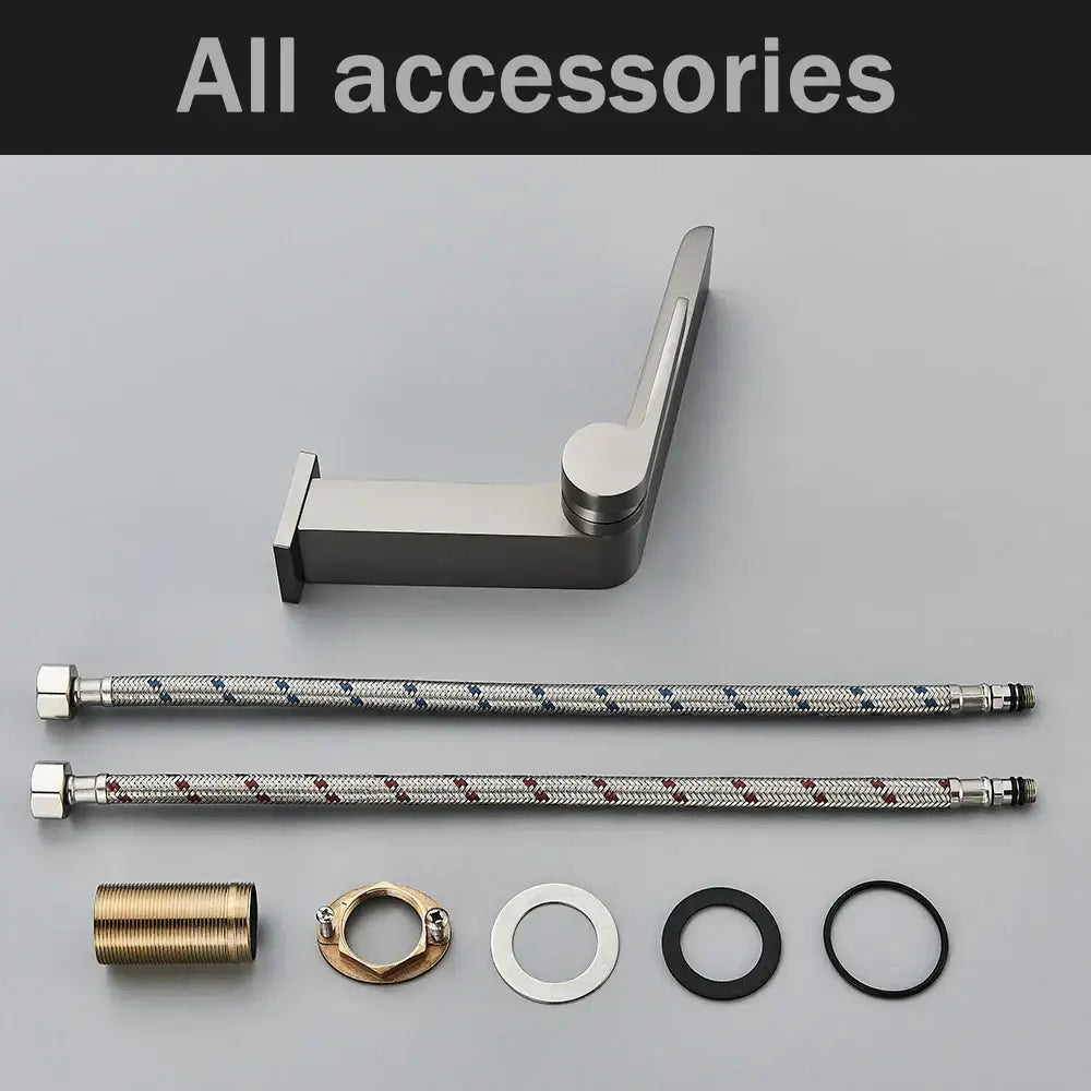 Modern gun grey basin faucet with brushed nickel finish, two braided metal hoses, and assorted fittings for bathroom use