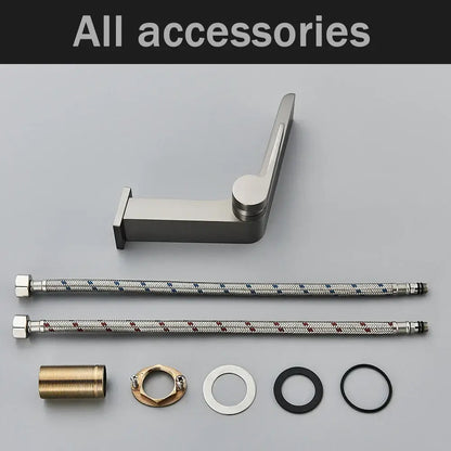 Modern gun grey basin faucet with brushed nickel finish, two braided metal hoses, and assorted fittings for bathroom use