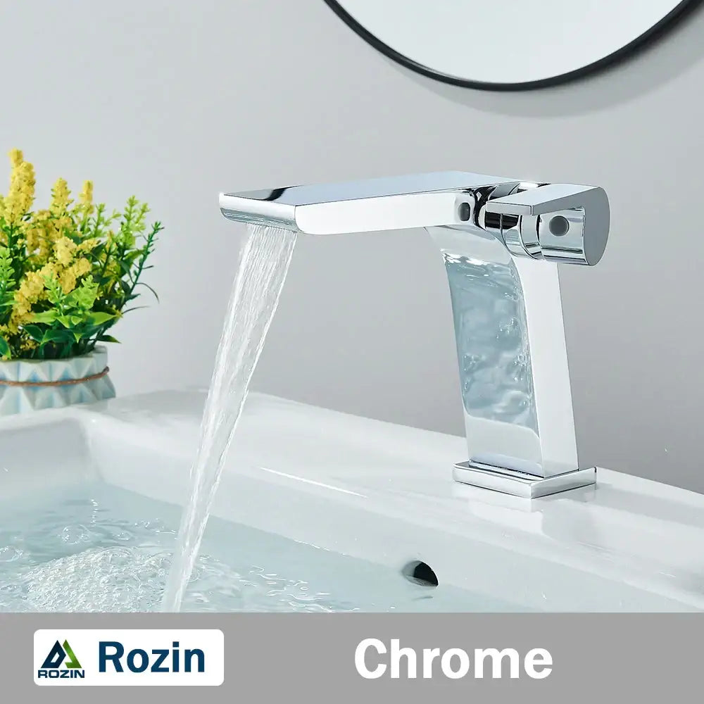 Modern gun grey basin faucet with chrome finish rozin waterfall spout designed for sleek bathroom sink mixer tap decorbites gun grey