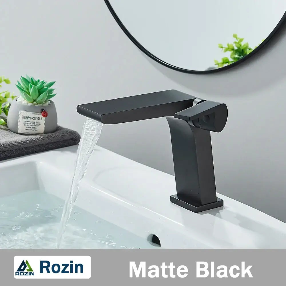 Matte black rozin waterfall basin faucet with modern rectangular spout for decorbites gun grey basin sink mixer tap