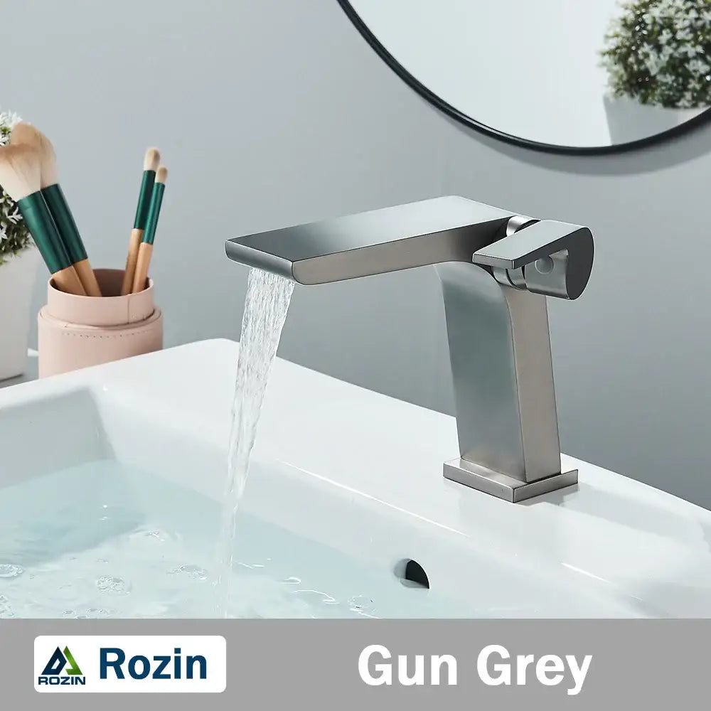 Modern gun grey basin faucet with sleek rectangular spout and minimalist design for bathroom sink decorbites gun grey basin