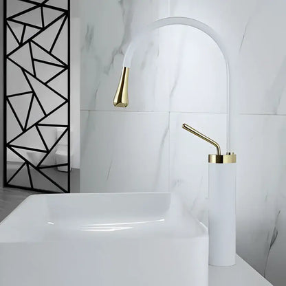Gold-toned sleek arched basin faucet with brushed gun grey brass finish for modern kitchen decorbites swivel crane