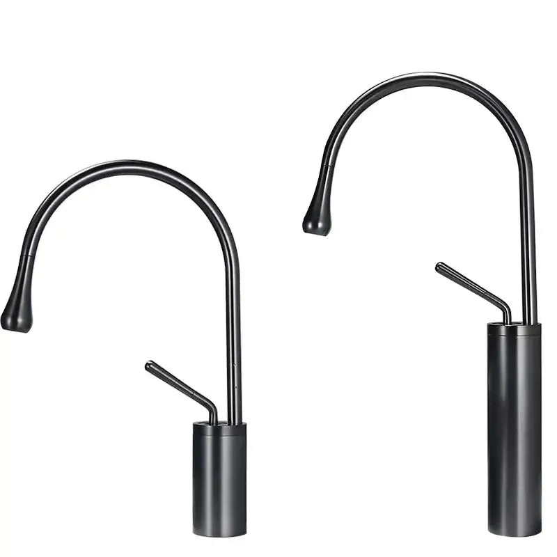 Two sleek black matte modern gun grey brass basin faucets with curved spouts and cylindrical bases by decorbites