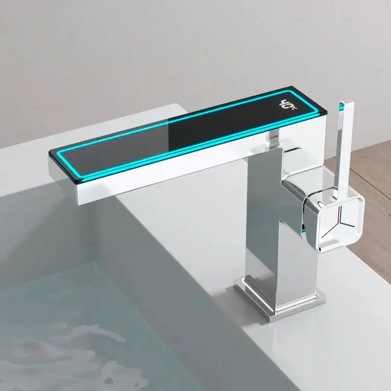 Modern gun grey basin faucet with chrome rectangular spout and teal digital temperature display decorbites gun grey model