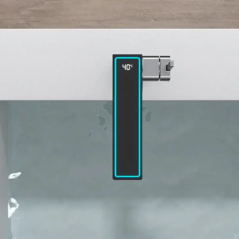 A sleek black digital shower temperature controller with teal border for modern gun grey basin faucet decorbites gun grey design