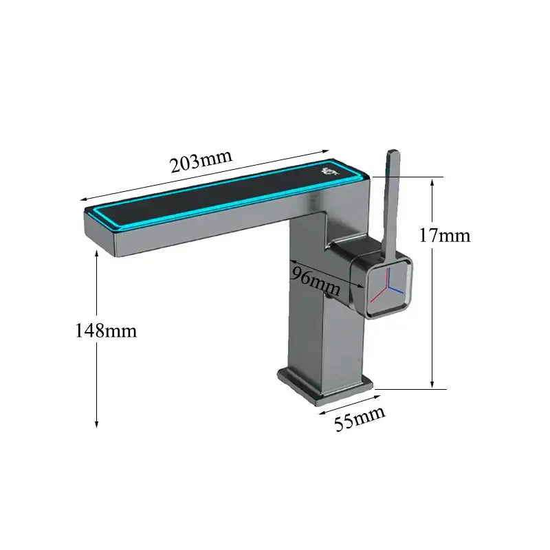 Modern gun grey basin faucet with chrome finish sleek rectangular spout and illuminated blue led strip decorbites gun grey