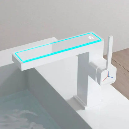 Modern gun grey basin faucet with sleek white spout, turquoise led strip, and temperature sensor control knob by decorbites gun grey