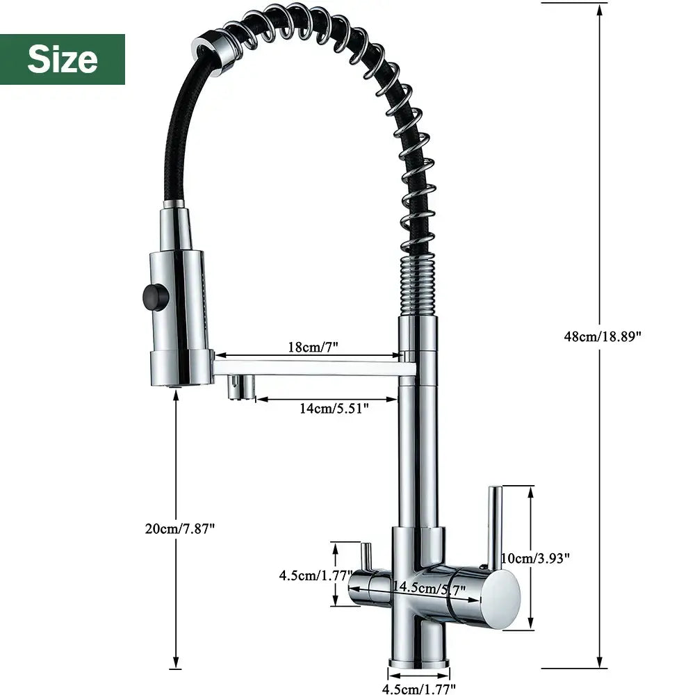 Modern gun grey filter kitchen faucet with chrome finish, pull down spring spout, and flexible black-coated hose by decorbites gun grey