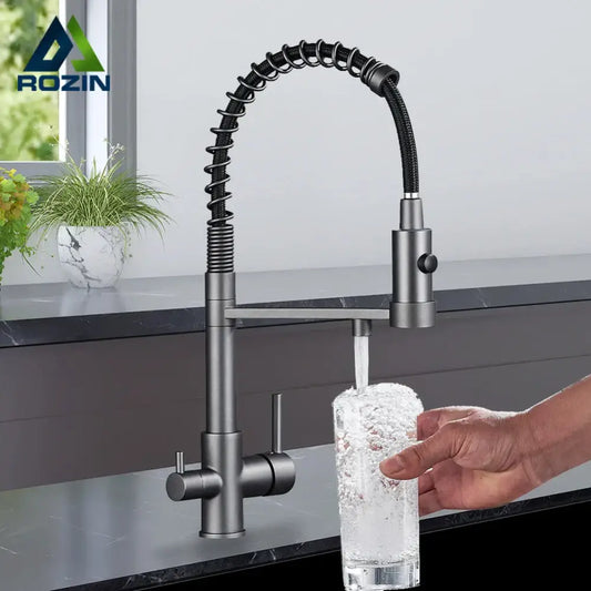 Modern gun grey filter kitchen faucet with pull down spring spout in matte black and silver decorbites gun grey design