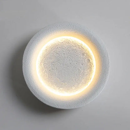 Modern gypsum white led full moon wall lamp with a white textured circular gypsum white led ring for bedroom decorbites wall lamp