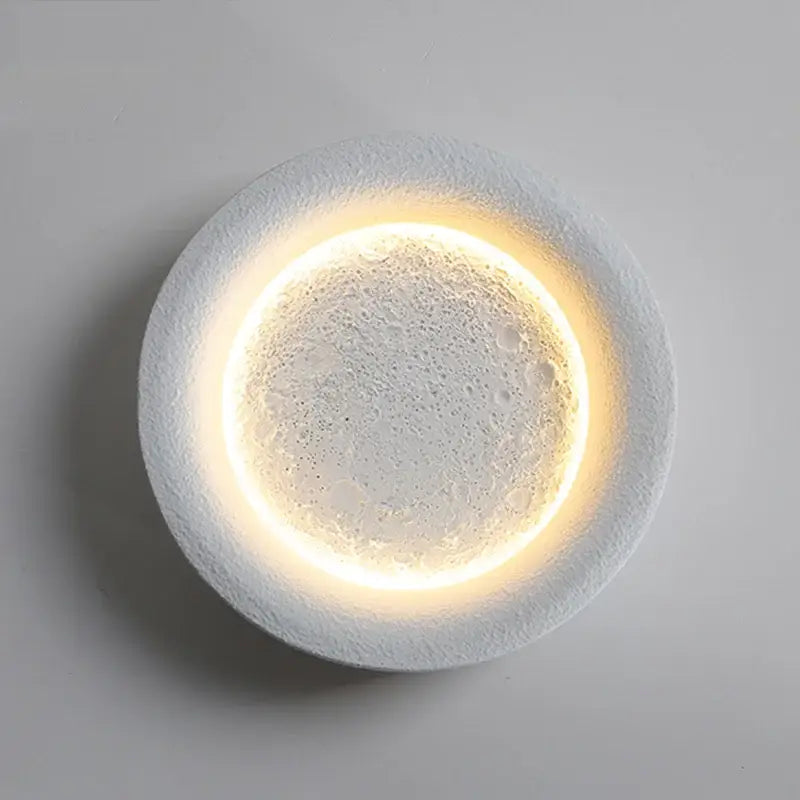Modern gypsum white led full moon wall lamp with a white textured circular gypsum white led ring for bedroom decorbites wall lamp