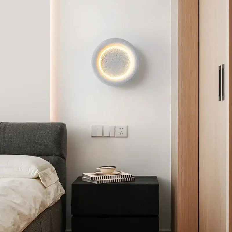 Modern gypsum white led full moon wall lamp with textured matte finish and illuminated inner ring for bedroom decorbites wall lamp