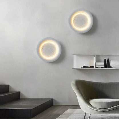 Two circular wall lamps with gypsum white led full moon design and warm glowing rings for modern bedroom decorbites decor