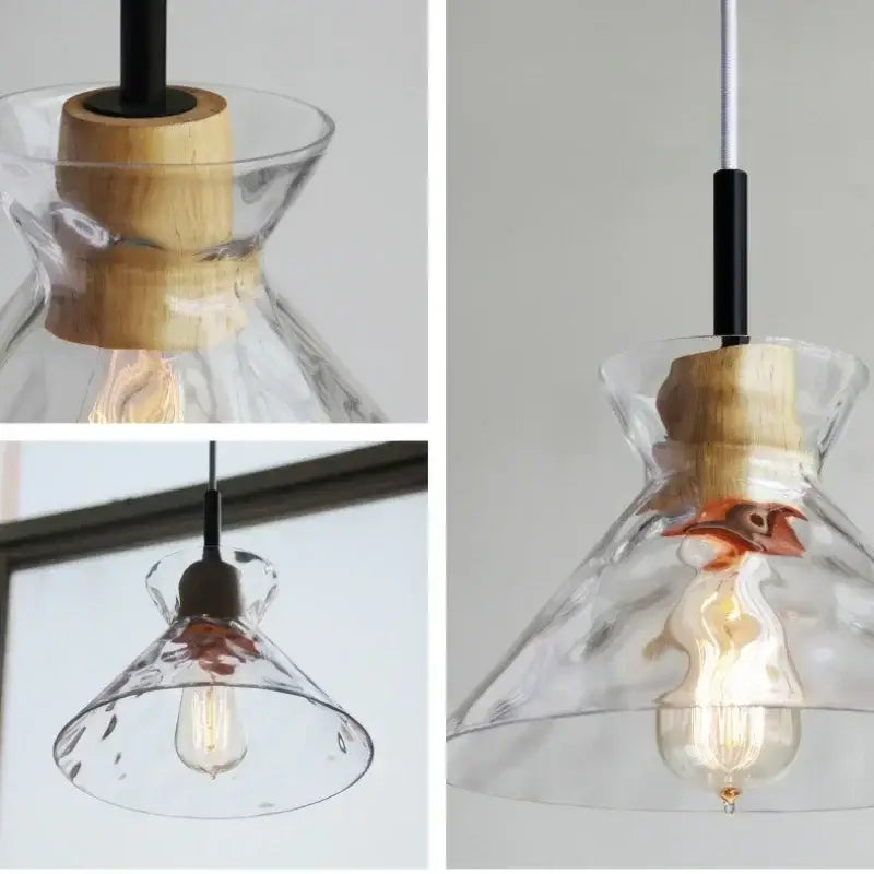 Modern hammered clear glass pendant lamp with wooden collar and exposed filament bulb decorbites clear glass pendant