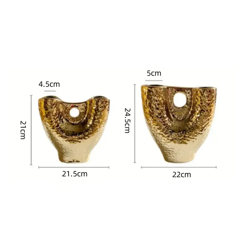 Modern hammered gold vase set with textured ceramic decorbites gold vase featuring open top and circular cutout design
