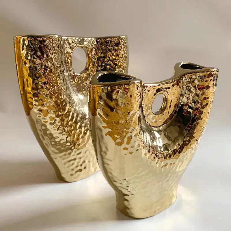 Modern hammered gold vase set with oval cutouts textured ceramic decorbites gold vase for living room decor