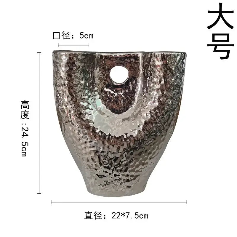 Silver hammered metal planter with textured reflective surface and central opening for decorbites gold vase set decor