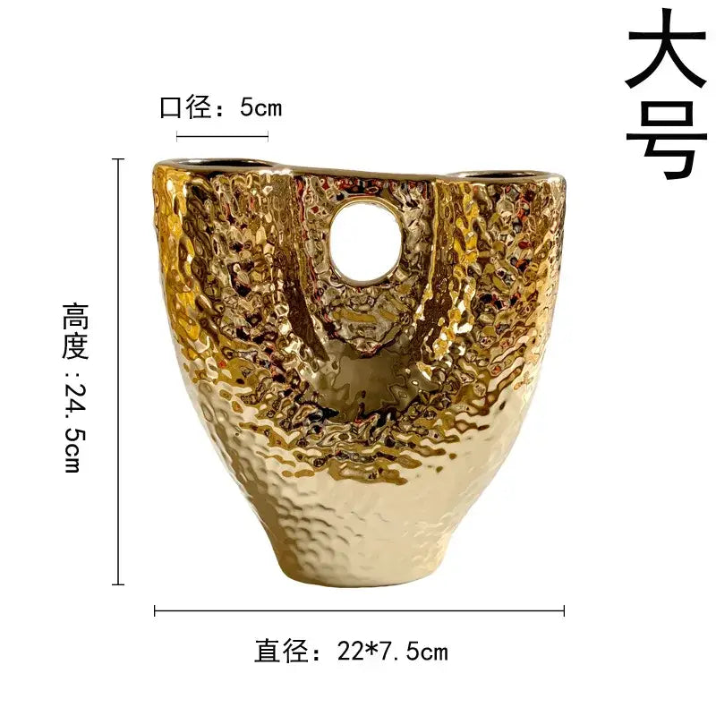 Modern hammered gold vase decorbites gold vase ceramic with textured surface and oval cutout for living room decor