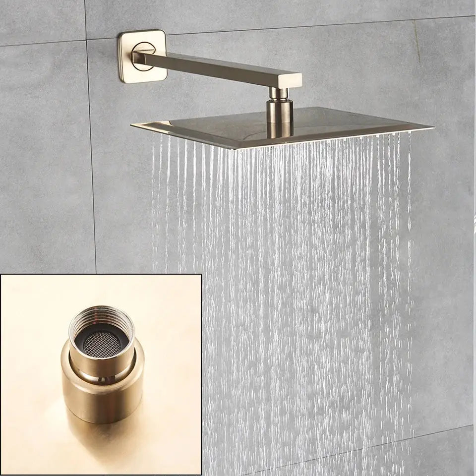 Modern hammered square wall mounted shower head in brushed nickel with sleek design and matching bracket for bathroom accessory