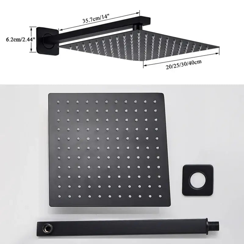 Modern hammered black matte square wall mounted shower head with multiple water spray nozzles and minimalist design