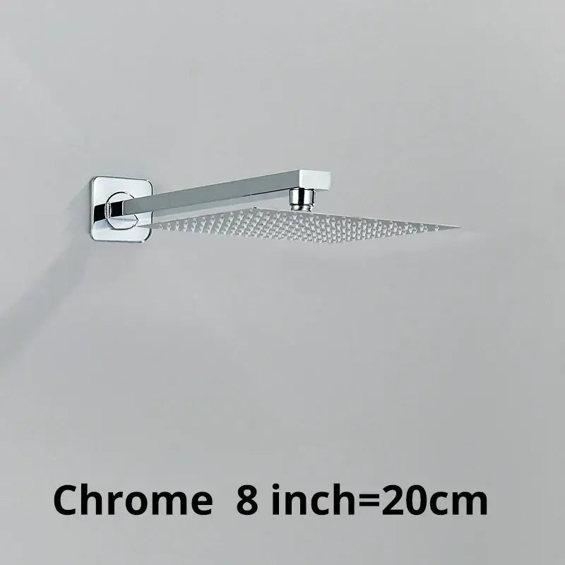 Modern hammered square wall mounted shower head with chrome finish and textured perforated surface 8-inch square