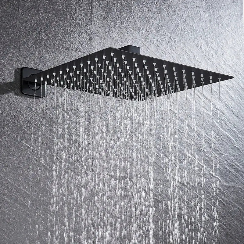 Modern hammered black matte square wall mounted shower head with multiple water jets for bathroom accessory use