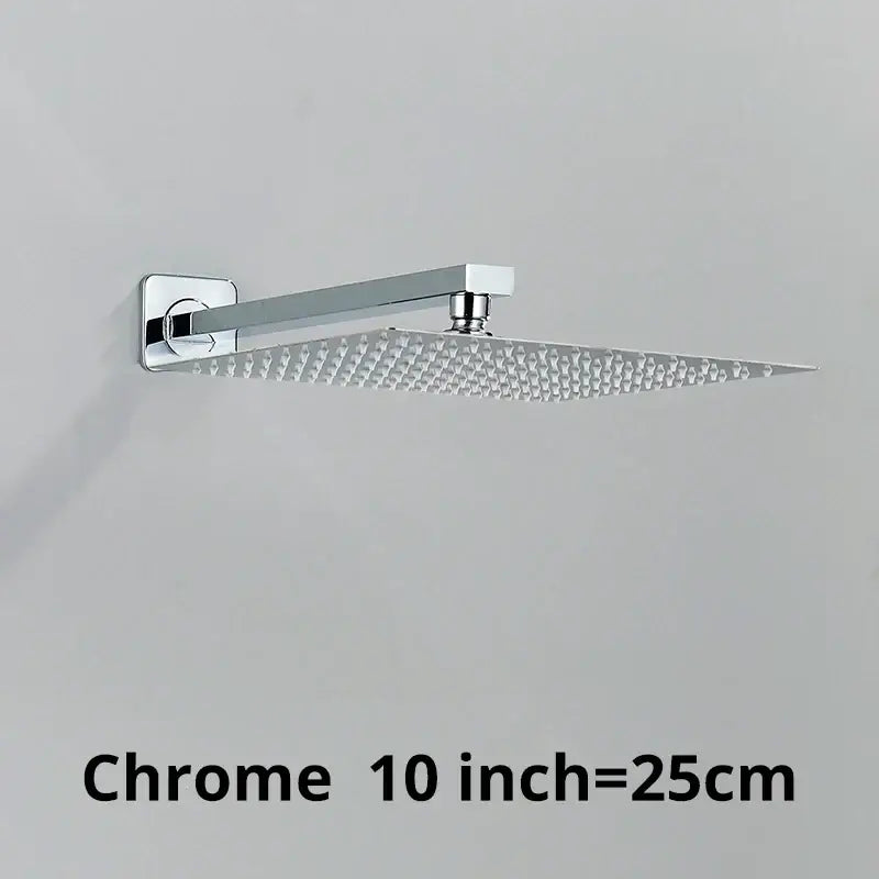 Modern hammered chrome 10-inch square wall mounted shower head with a textured perforated rainfall surface