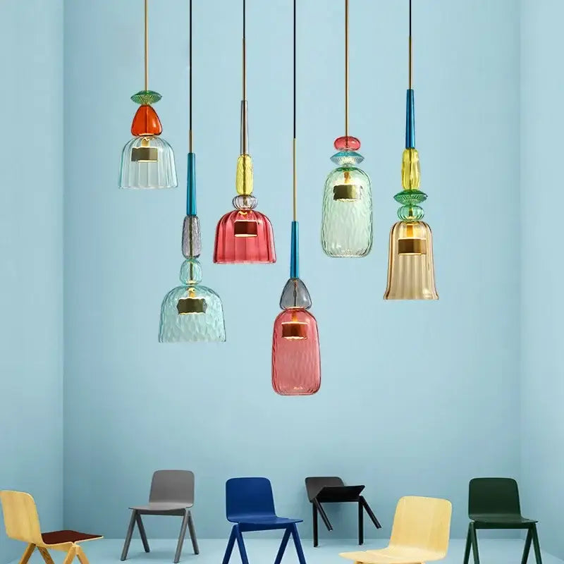 Modern hand blown colorful glass bedside pendant light in red green blue yellow and amber for kitchen decorbites decor