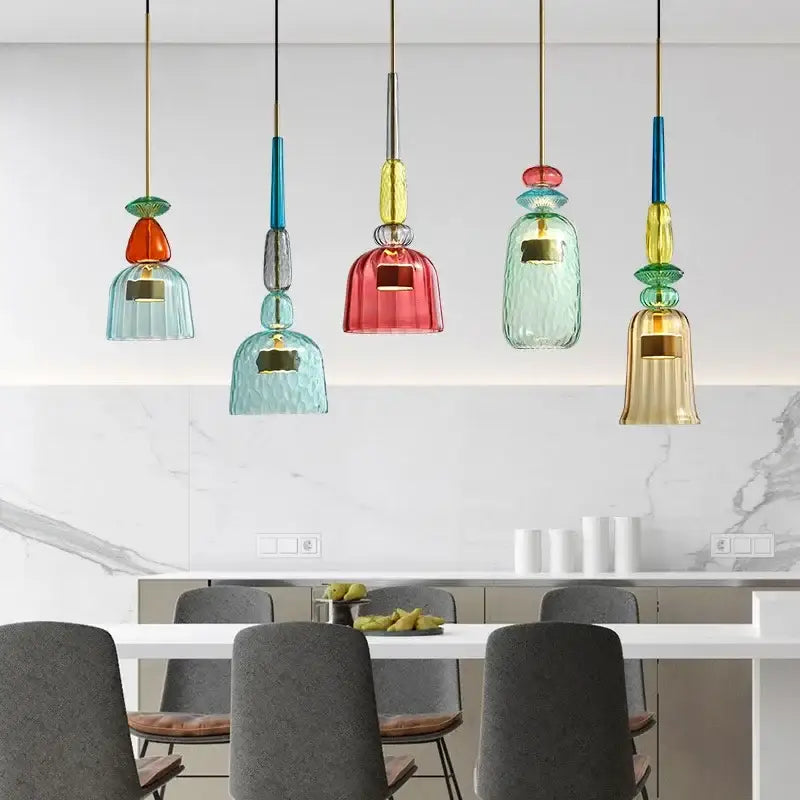 Modern hand blown colorful glass bedside pendant light with textured teal red and gold shades for kitchen decorbites glass bedside