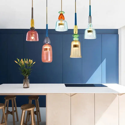 Modern hand blown colorful glass bedside pendant light with metallic accents for kitchen decorbites pendant light decor