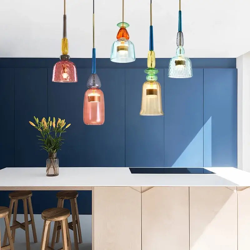 Modern hand blown colorful glass bedside pendant light with metallic accents for kitchen decorbites pendant light decor