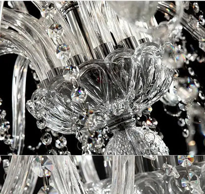 Modern hand blown crystal chandelier light with intricate glass details and faceted crystals for dining room use