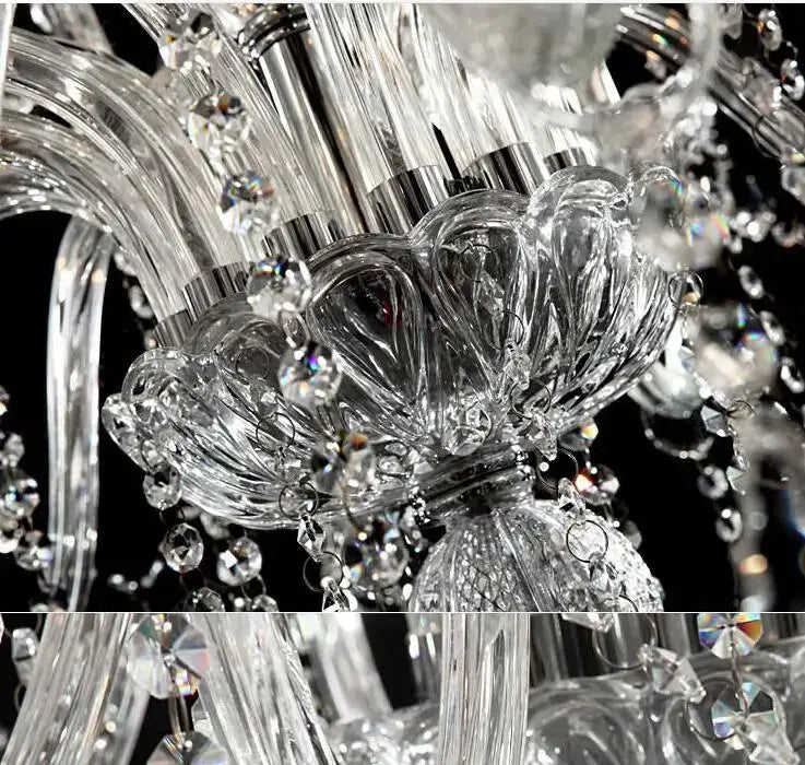 Modern hand blown crystal chandelier light with intricate glass details and faceted crystals for dining room use