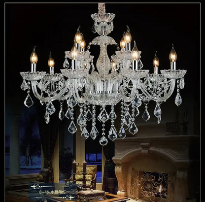 Modern hand blown crystal chandelier light with multiple arms and teardrop crystals for dining room use