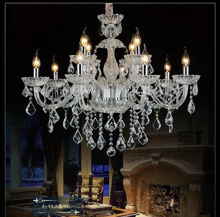 Modern hand blown crystal chandelier light with multiple arms and teardrop crystals for dining room use