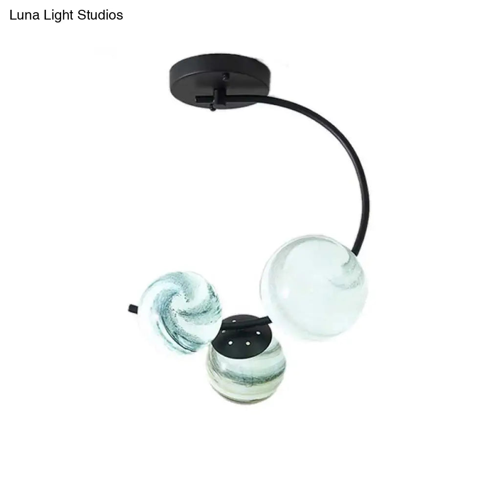 Modern Hand Blown Glass Ball Ceiling Lamp - Semi Flush Mount Lighting (3/5 Lights) in Black/White