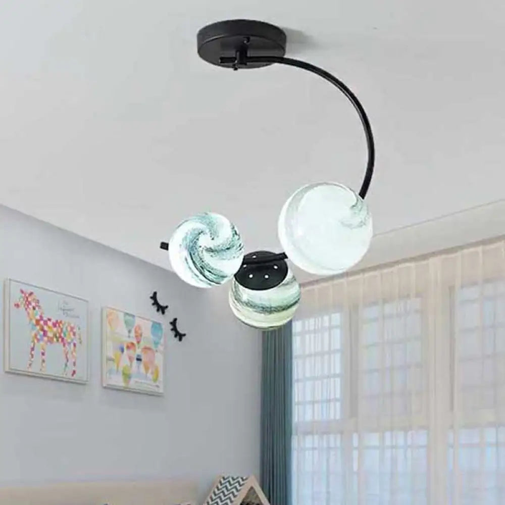 Modern Hand Blown Glass Ball Ceiling Lamp - Semi Flush Mount Lighting (3/5 Lights) in Black/White