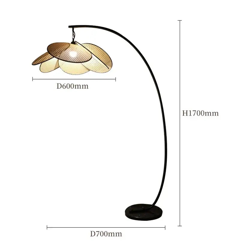 Black arched floor lamp with hand made rattan layered leaf shade suitable as modern pendant light or chandelier