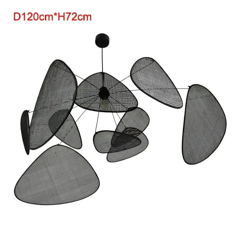 Black hand made rattan pendant light with irregular overlapping panels, ideal as a modern pendant chandelier for living room