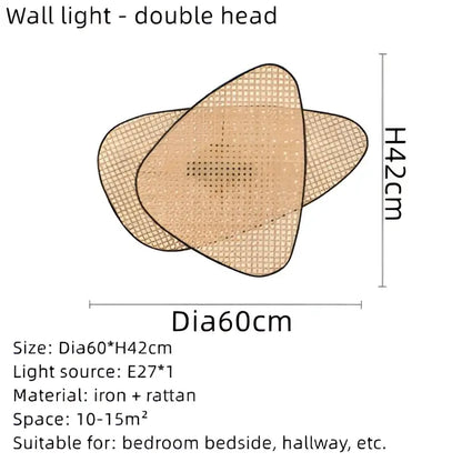 Double-headed wall light with beige mesh hand made rattan and iron design for modern pendant light decor