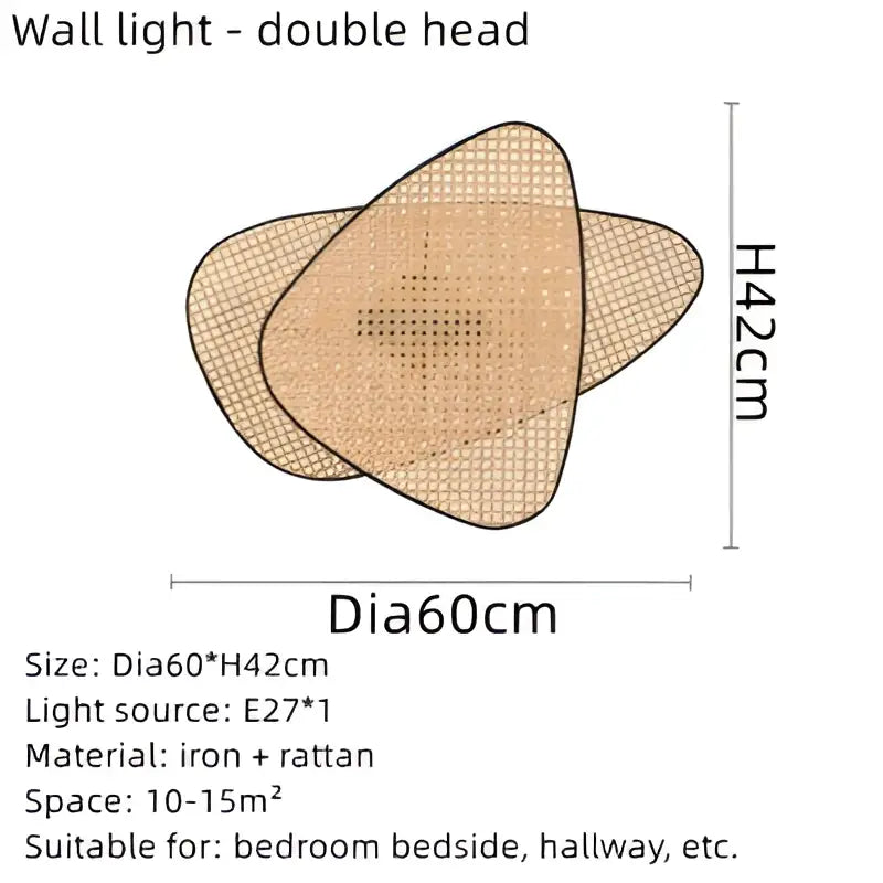 Double-headed wall light with beige mesh hand made rattan and iron design for modern pendant light decor