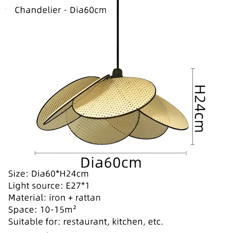 A golden hand made rattan pendant chandelier with petal shape and iron frame for modern living room lighting