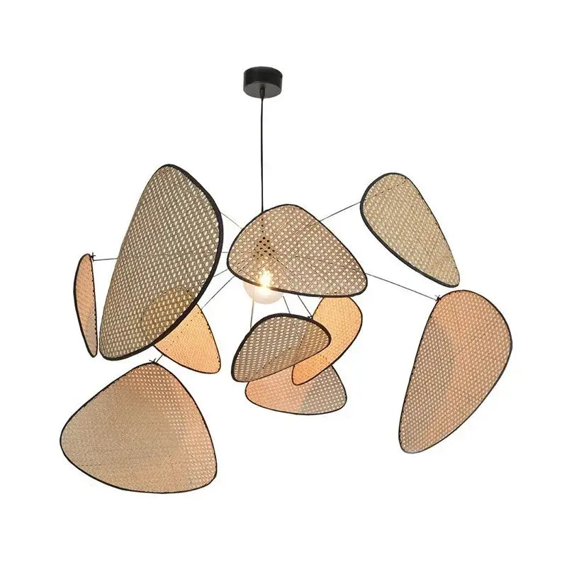 Modern hand made rattan pendant light with irregular woven beige and tan panels suspended by black metal wires
