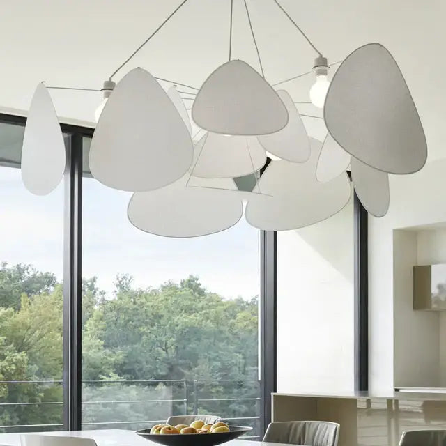 Modern hand made rattan pendant chandelier with white teardrop-shaped translucent diffusers for living room use