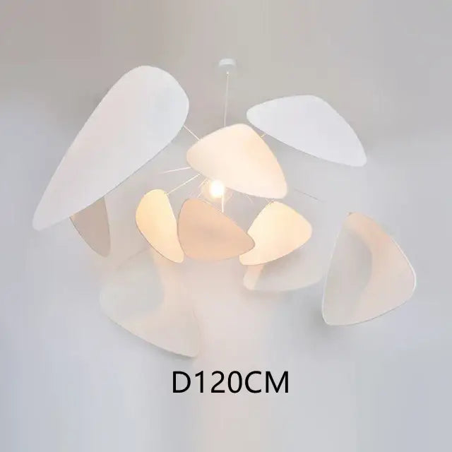 Modern handmade rattan pendant chandelier with white sculptural petal shades for living room lighting